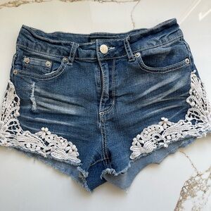 High Rise Blue Destressed Jean Shorts with Lacey Bottoms Cotton